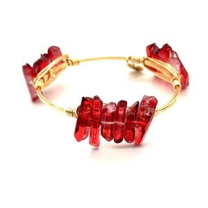 Bourbon and Boweties Red Raw Quartz Crystal Gold Wire Wrapped Bangle Bracelet